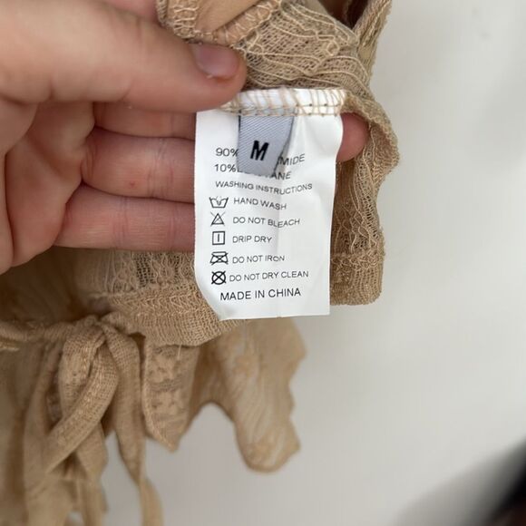 Lace Tie Front Beige Tan Cropped Spaghetti Strap Semi Sheer Tank Top - Picture 5 of 6